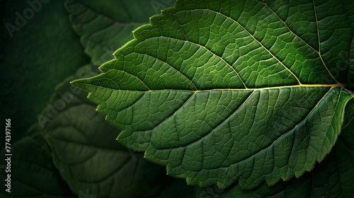 Close-up of a fresh green leaf with a detailed vein pattern against a dark green background.
