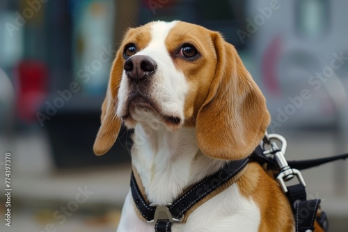 Beagle wearing harness
