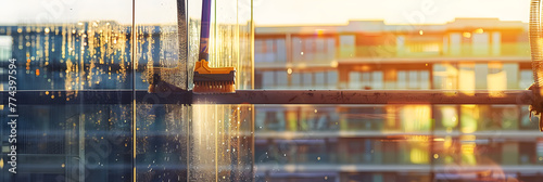 Window cleaning brush. Large window in a multi-storey building, cleaning service. Window cleaning in high-rise buildings, houses with a brush. Dust removal and glass washing.