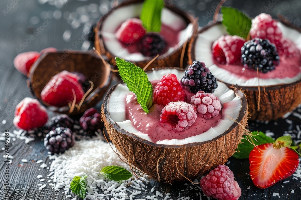 Berry coconut smoothie on rustic background