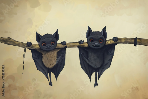 Funny bats hanging from the branch of an arabol.