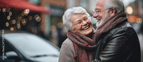 The older gentleman and lady are smiling warmly as they embrace tightly while enjoying the rain together