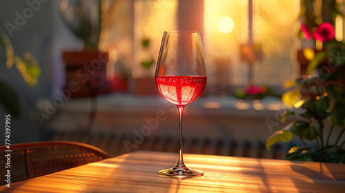 A glass of red wine illuminated by a light source.