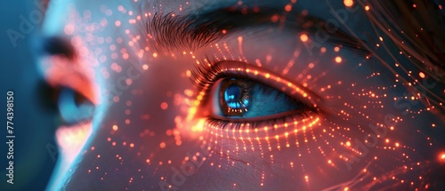 Human eye in extreme close-up with futuristic red digital patterns, symbolizing cybernetics and AI technology