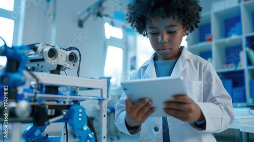Young inventor programs a robot using a tablet in a high-tech lab