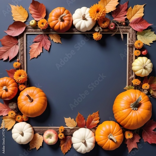 Frame of pumpkins  leaves  apples  thanksgiving day background. Place for text  template  copy space.