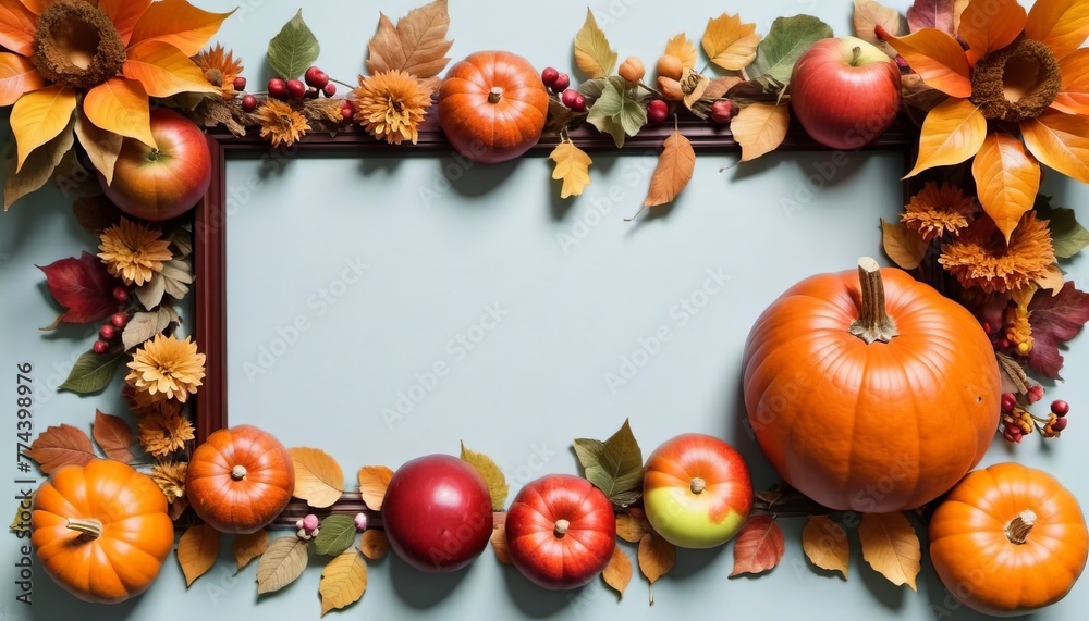 Frame of pumpkins, leaves, apples, thanksgiving day background. Place for text, template, copy space.