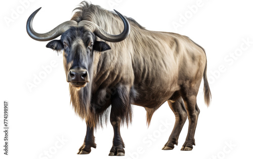 A powerful animal with enormous horns stands proudly against a plain white background