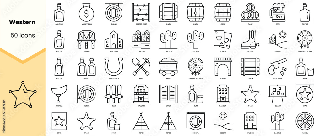 Set of western icons. Simple line art style icons pack. Vector illustration