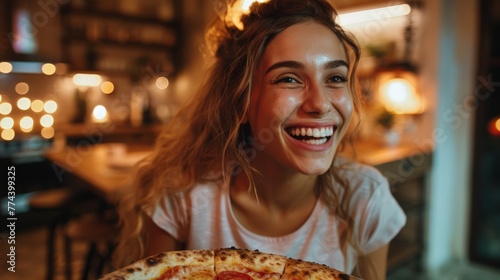 Woman Enjoying Laughter and Pizza at Home Generative AI