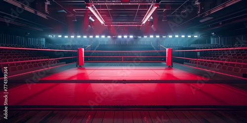 red carpet background.  Empty gloomy boxing ring in the rays of spotlights.