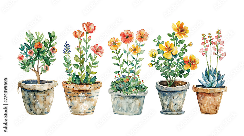 A diverse group of potted plants, including succulents and flowers, sit closely together in a harmonious arrangement