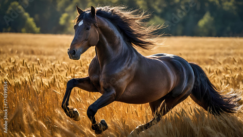 Majestic horse running through golden wheat field  farm animals.