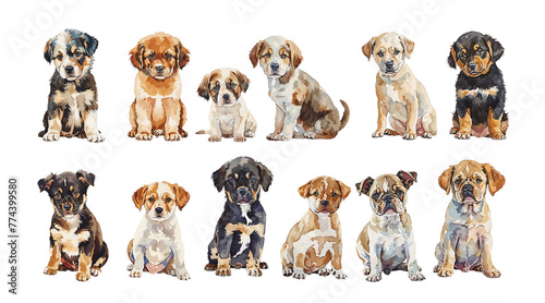 A diverse group of dogs with various breeds sit contentedly side by side, showcasing their unique personalities