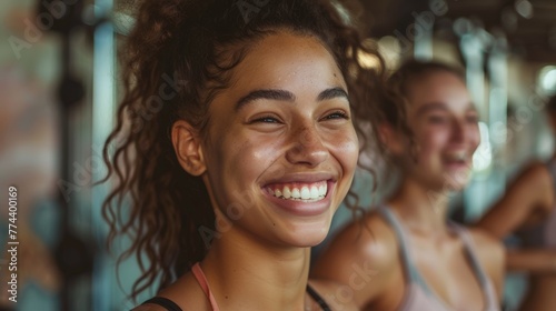 Laughing Women Celebrating Fitness Success in a Gym Generative AI