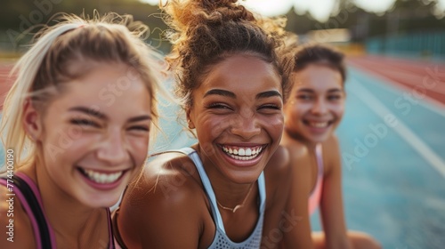 Laughter and Companionship: Women Enjoying a Day Out on a Running Track Generative AI © Alex