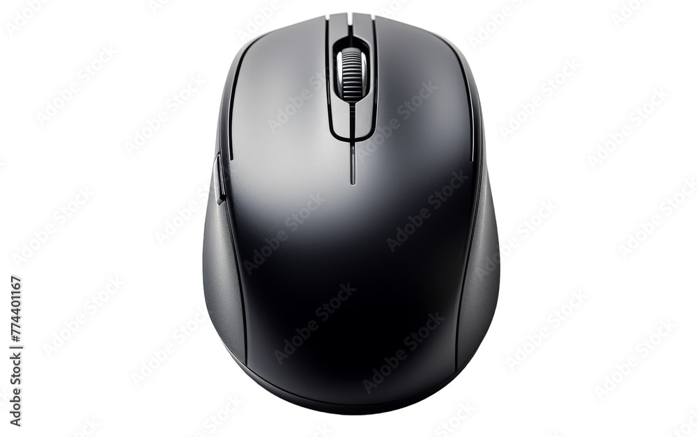 A sleek black computer mouse resting on a pristine white background A sleek black computer mouse resting on a pristine white background