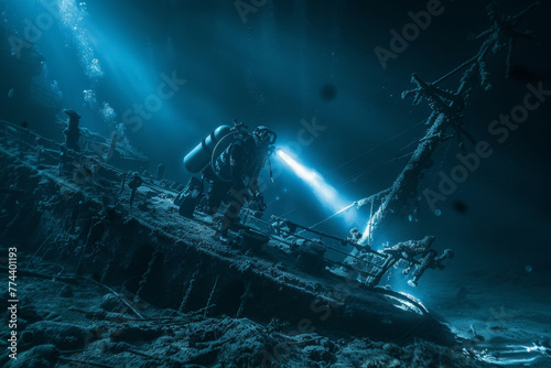 Diver Illuminates Shipwreck