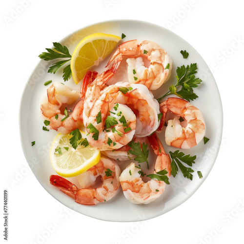 A gourmet shrimp cocktail served on a white plate, garnished with lemon slices and fresh parsley.