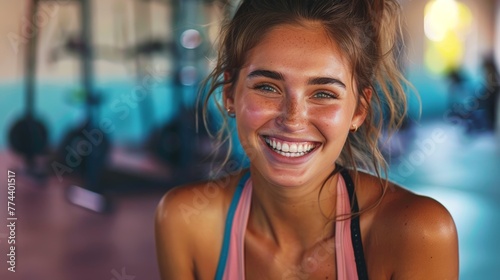 Laughing Young Woman Enjoying Her Workout at the Gym Generative AI