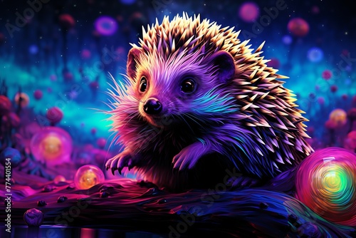 A painting depicting VetalVit, an extraterrestrial hedgehog, rolling into a ball on a tree branch