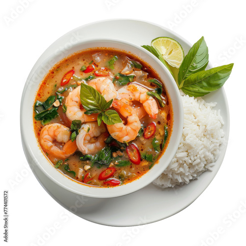 Thai-inspired spicy prawn soup in a white bowl, with a side of jasmine rice.