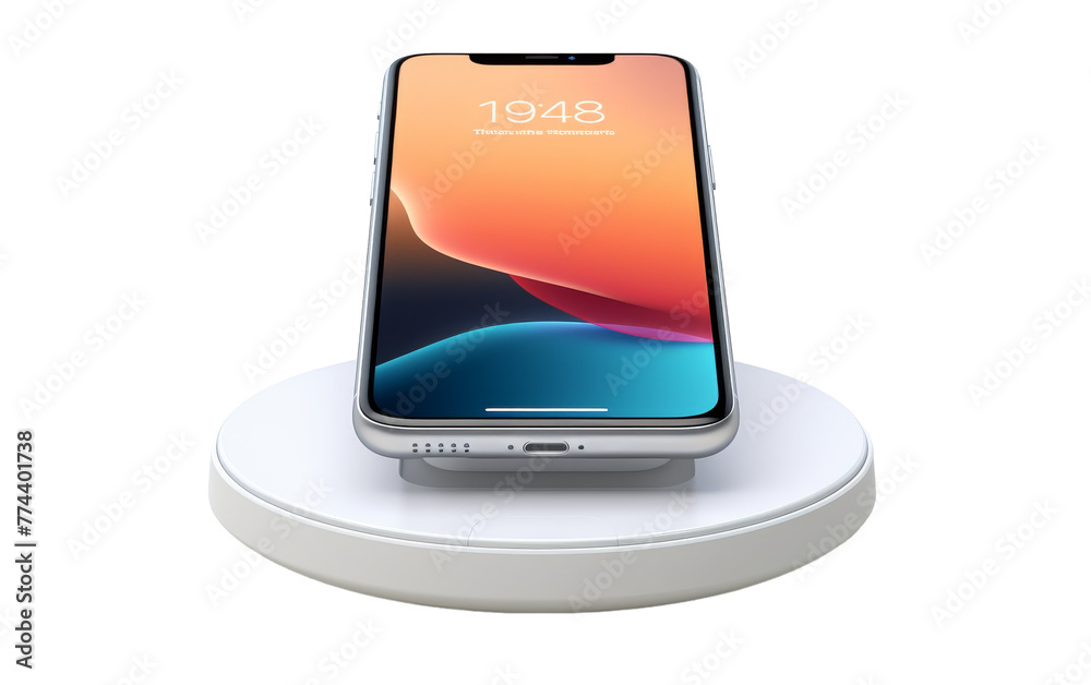 An iPhone delicately balanced on top of a sleek charging station An iPhone delicately balanced on top of a sleek charging station