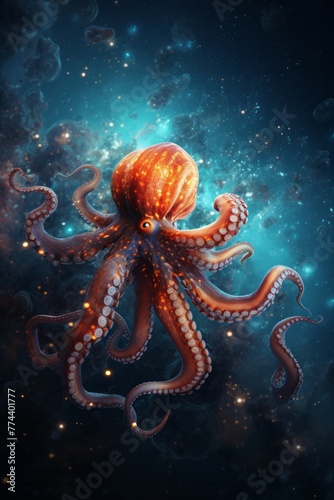 An interstellar octopus is peacefully floating in the cosmic ocean  its tentacles gracefully drifting in the weightless environment