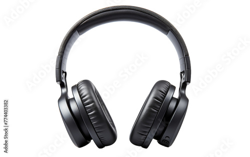A pair of sleek headphones resting on a pristine white background