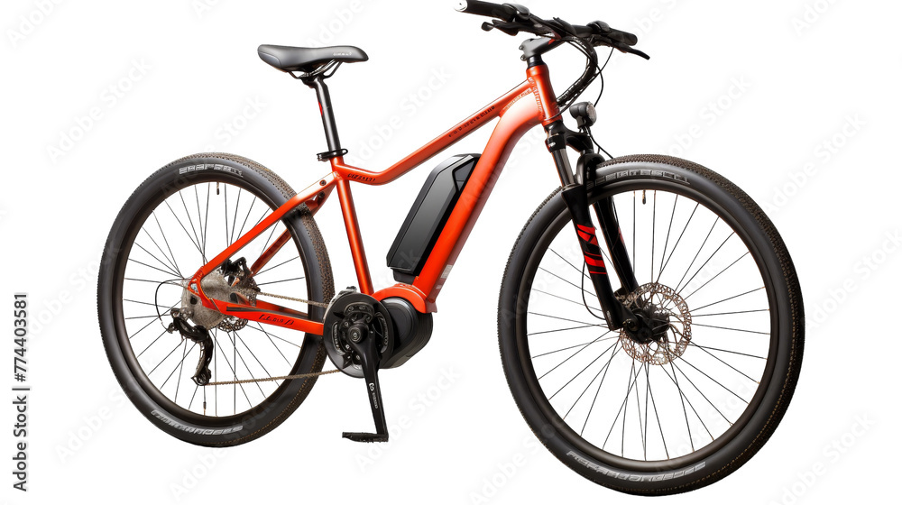 An orange bike with black spokes standing gracefully on a white background