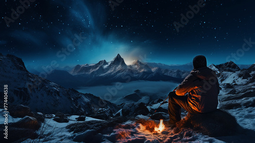 Contemplative Hiker by Campfire Overlooking Snowy Mountains at Night