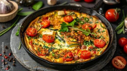 Italian frittata omelet is prepared with a filling of vegetables, cheese, meat or sausage, as well as a mixture of aromatic spices.