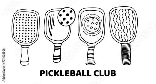 Pickleball paddles and balls set, hand drawn black outline vector illustration.
