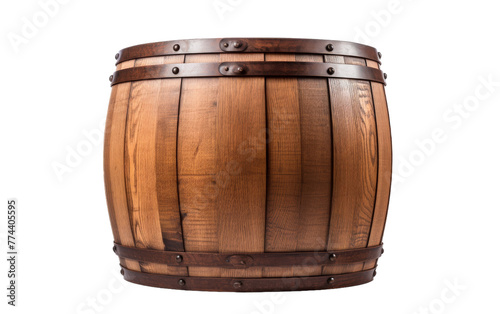 A wooden barrel rests peacefully on a white background photo