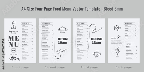 Restaurant cafe menu, template design, A4 size four page food menu template, Bleed 3mm