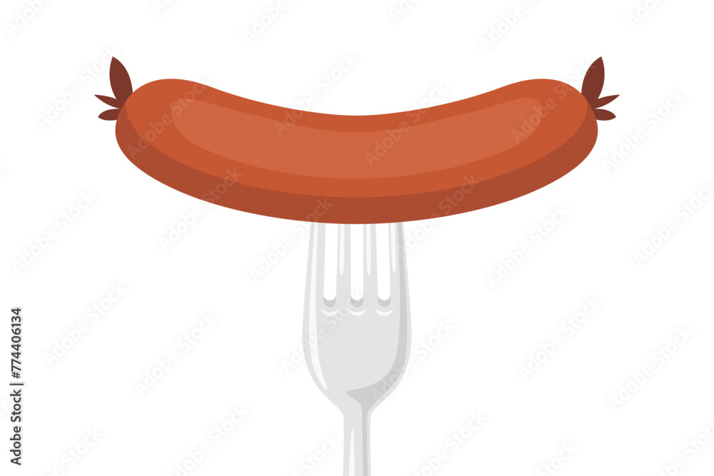 Vector Flat Sausage and Fork Closeup Isolated on a White Background. Cartoon Sausage Design Template Vector Flat Sausage and Fork Closeup Isolated on a White Background. Cartoon Sausage Design Template