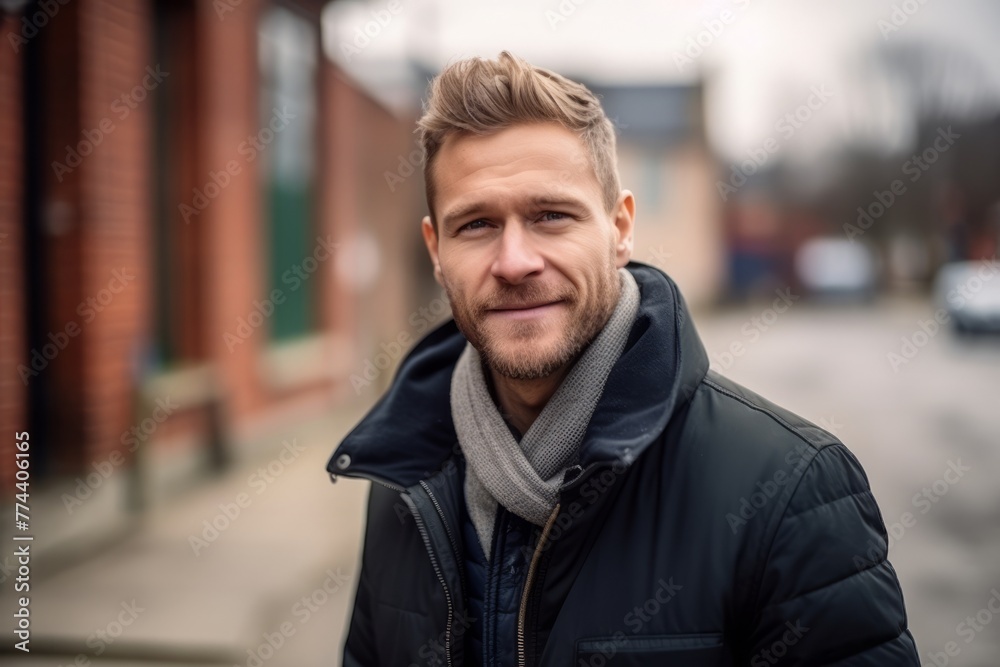 Portrait of a handsome young man in a jacket and scarf. Portrait of a handsome young man in a jacket and scarf.