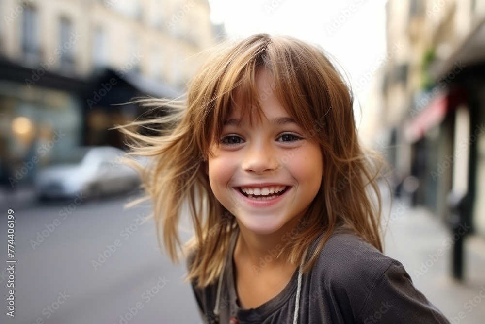 Portrait of a smiling little girl on the street in Paris, France