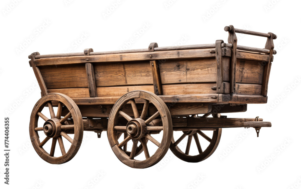 Antique wooden wagon display against a stark white backdrop