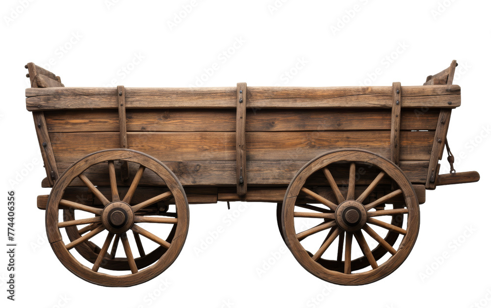 A wooden wagon rests elegantly on a serene white background