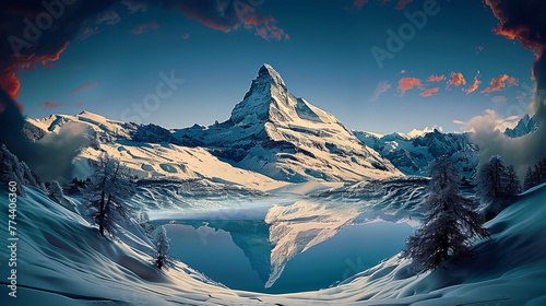 Majestic mountain peak in tranquil winter landscape, AI Generative.