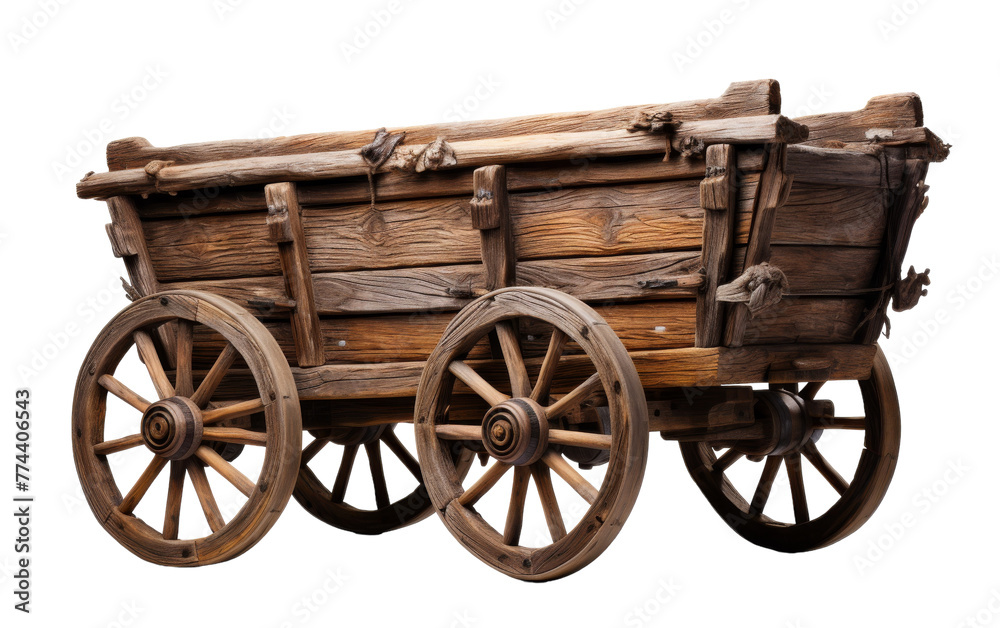 A vintage wooden wagon with large wheels stands alone against a clean white background