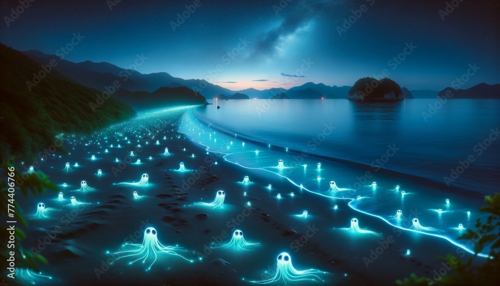 Enchanting Bioluminescent Plankton Illuminating a Serene Beach at Night