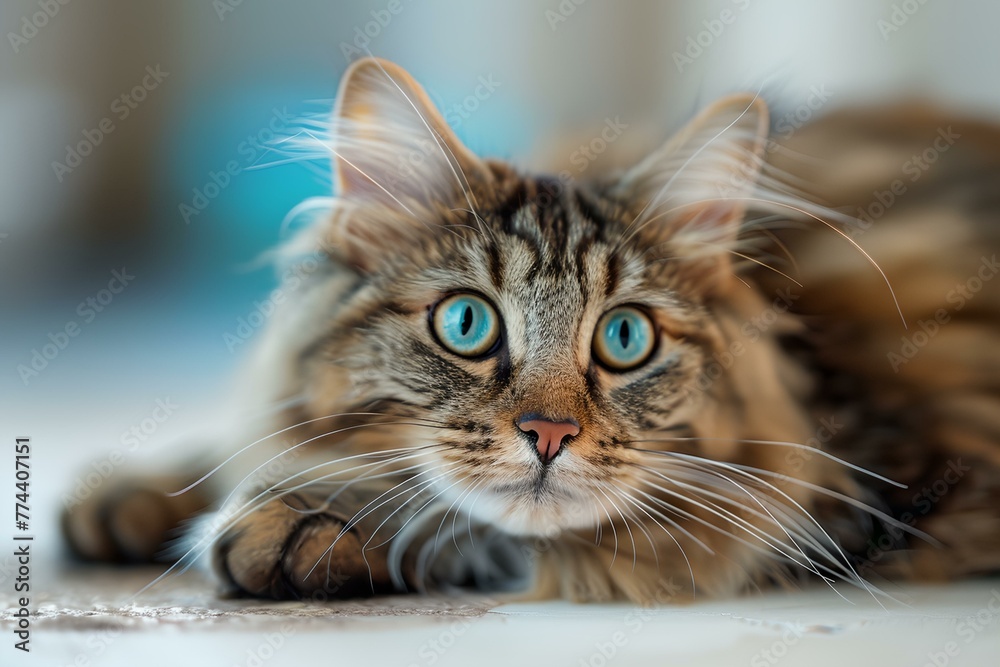 A cat with blue eyes is laying on a white surface A cat with blue eyes is laying on a white surface