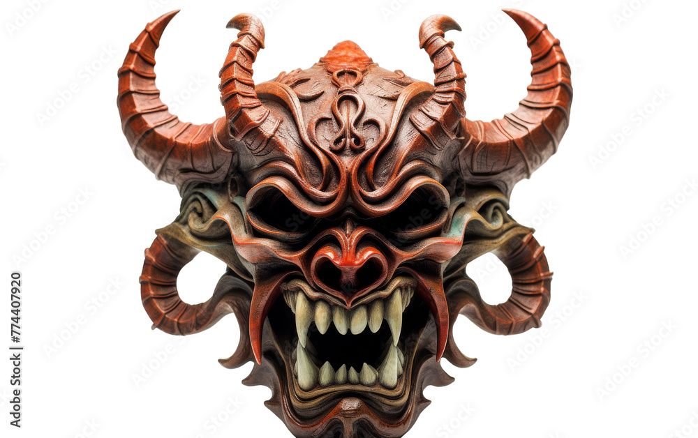 A mask adorned with menacing horns and sharp fangs A mask adorned with menacing horns and sharp fangs