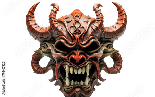 A mask adorned with menacing horns and sharp fangs