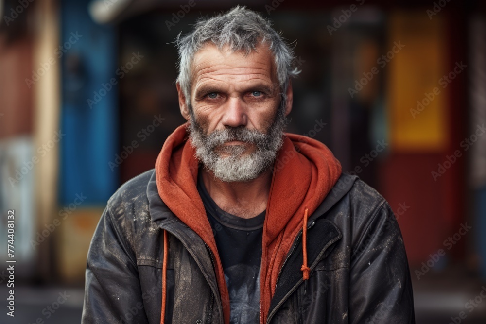 Portrait of a bearded man with a gray beard and mustache in a black leather jacket on the street