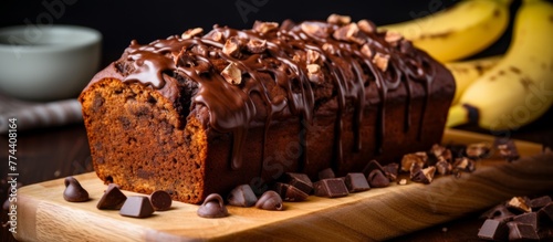 Close up view of a delicious and tempting chocolate cake loaf placed on a wooden cutting board
