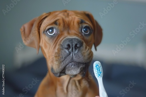 Canine with dental hygiene tool