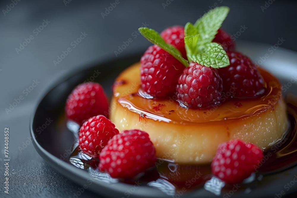 Caramel dessert with raspberries Caramel dessert with raspberries